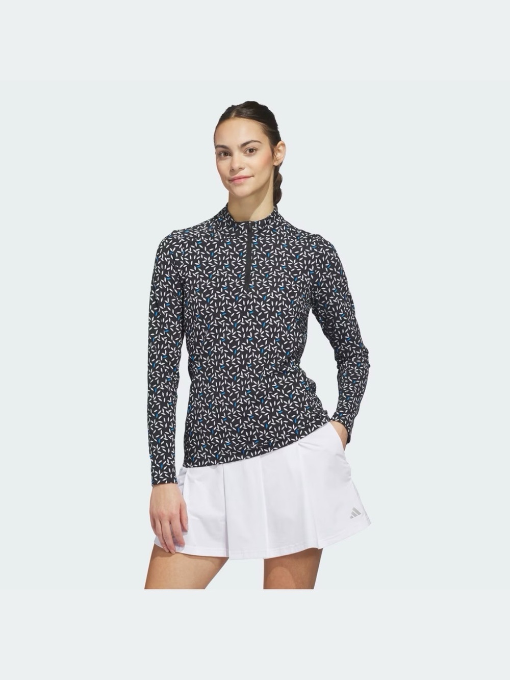 adidas Black Long-Sleeve Zip Mock Top with Multicolor Leaf Print